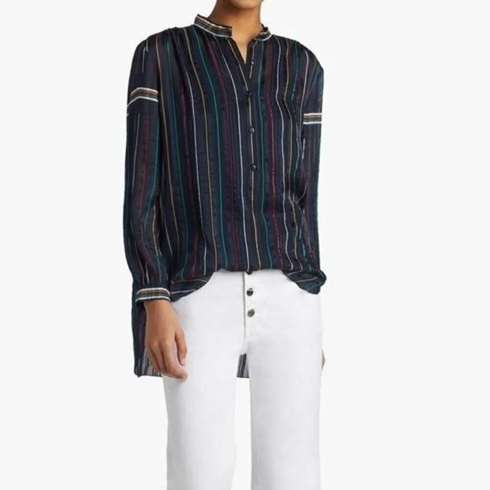 Rag & Bone Navy Semi Sheer Silk Blouse Top Long Sleeve Multicolor Stripes Sz XS